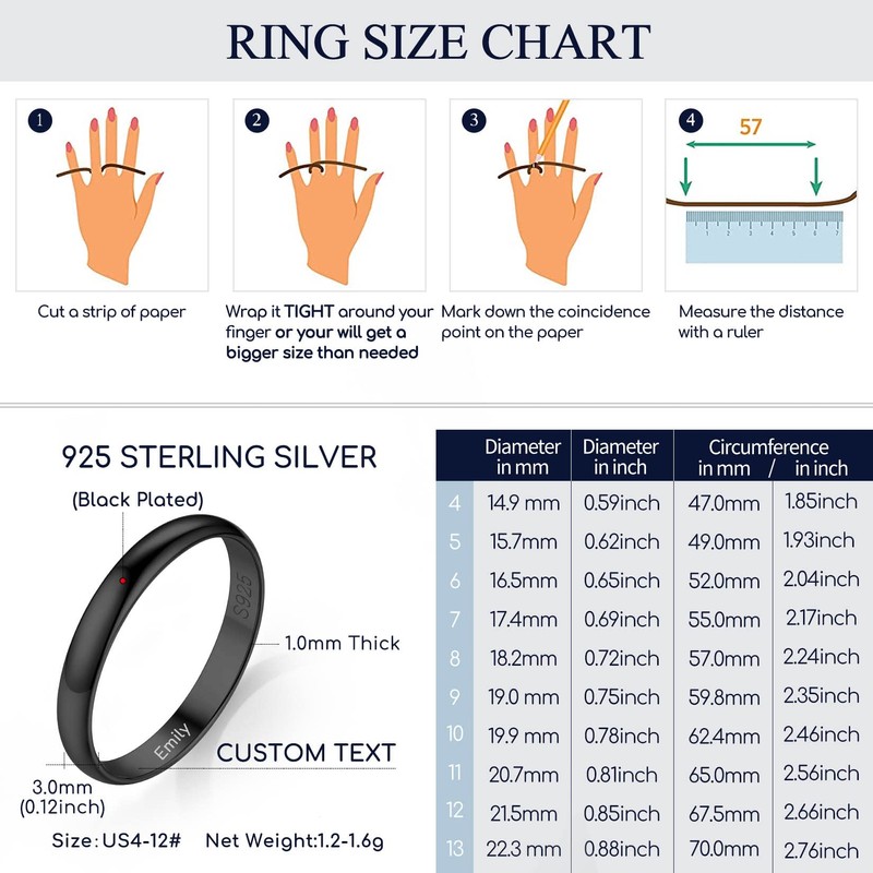 Suplight Black Stackable Rings 925 Sterling Silver Thin Rings for