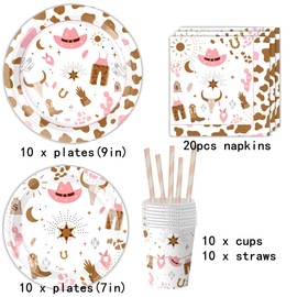 Western Cowgirl Party Supplies, 9in 7in Western Cowgirl Party Plates Napkins Cups Straws Cowgirl Party Tableware for 10 Guests Cowgirl Party Decoration