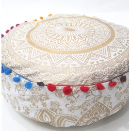 Mandala Barmeri Large Floor Pillow Cover Cushion Meditation Seating Ottoman Throw Cover Hippie Decorative Zipped Bohemian Pouf Ottoman Cases White Gold Matellic, 16" Round