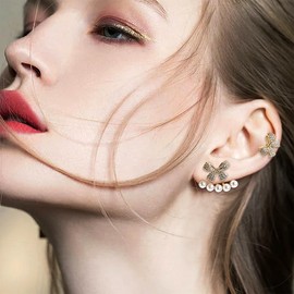 Sonateomber Gold Pearl Bow Stud Front Back Earrings for Women, Cute Sparkly Rhinestone Cubic Zirconia Ribbon Earing Valentines Holiday Prom Fashion Jewelry Gifts