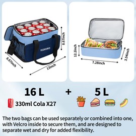 YEEKORO Cooler Bag, 16L+5L Insulated Lunch Box, Double Cooler Bag with Adjustable Shoulder Strap for Men & Women, Leakproof Lunch Cooler Ideal for Work Picnic Travel Shifts Daytrip (Blue)