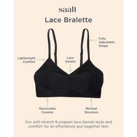 saalt Lace Bralette for Women – Light Support – Scoop Front Coverage – Adjustable Fit - Made with Soft European Lace - Volcanic Black - Medium