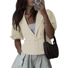 Cicy Bell Womens Puff Short Sleeve Blazers Business Casual Button Down Lightweight Suit Jackets Apricot