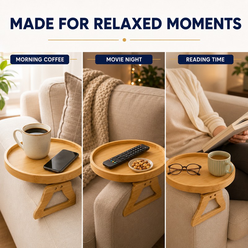 Bamboo Sofa Armrest Tray Table, Clip-On Round Couch Tray for