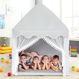 HONEY JOY Indoor Playhouse for Kids, Children Play Castle Fairy Tent w/Large Comfortable Mat, Breathable Curtain & Windows, Rooftop Style Princess Play House for Boys Girls Indoor Games (Gray)
