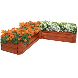 Sunnydaze 11.75" H Raised Metal Garden Bed - Galvanized Raised Garden Bed Outdoor for Vegetables and Flowers - Woodgrain - L-Shaped