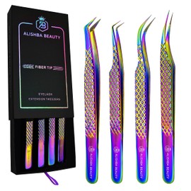 BEAUTICS Alishba Beauty Eyelash Extension Tweezers, Precision Fiber Tip Grip Japanese Stainless Steel Profiessional (Set of 4 Eyelash Tweezer) (RAINBOW)