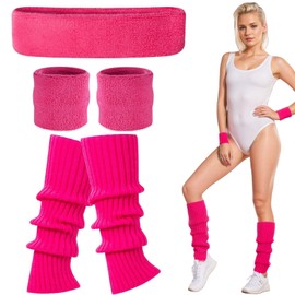 Amazleer 70s Outfit Women's Accessories, 80s Accessories, Pink Sweatband Set with Hair Band, Sports, Wristbands, Leg Warmers, Carnival Costumes Accessories for Theme Party Accessories, pink, One size