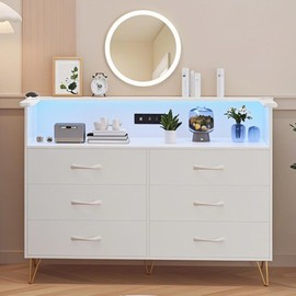 GarveeHome White Dresser for Bedroom with Power Outlet & LED Light, 6 Wooden Drawers Dressers with 2-Tier Open Shelves, Modern Chest of Double Wide Drawers for Living Room, Entryway, Hallway TV Stand