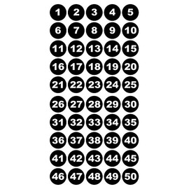 Round Number Stickers 1-50 Vinyl 30 mm White Numbers on Black