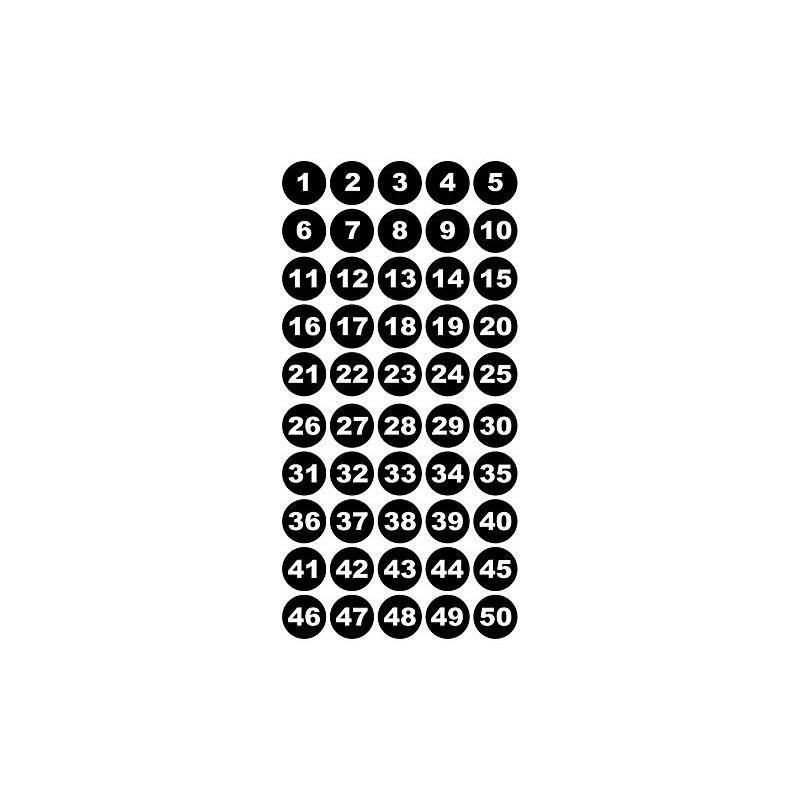 Round Number Stickers 1-50 Vinyl 30 mm White Numbers on