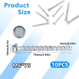 Concrete Screws Without Dowels, Pack of 10 Concrete Screws, Hexagonal Head M6 x 75 with Washer for Masonry, Concrete, Industry, Architecture