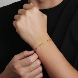 KRKC&CO Men’s Bracelets, Flat-Cut Cuban Link Bracelet 14K Gold Plated Stainless Steel 3mm, Anti-Tarnish Nickel-Free, Thin Gold Hand Bracelet for Men(3mm-14K Gold Plated, 7)