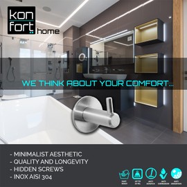 Kon-fort Home Towel Hook, 2 Pack Bathroom Hooks Brushed Steel, SUS 304 Stainless Steel Wall Mounted, Hangers Towels Robes Clothes Coats Hats. Kitchen Bedroom High End Designer Accessories