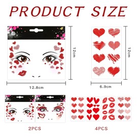 2 Face Stickers and 4 Heart Red Lip Stickers, Temporary Tattoo Stickers, Shiny Stickers, Face Decoration Stickers, Suitable for Parties, Stages, Dances