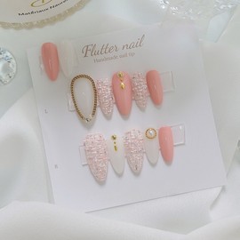 Pink tweed gold point handmade nail tip - Stiletto / 핑크 트위드 골드포인트 수제네일팁 - 스틸레토