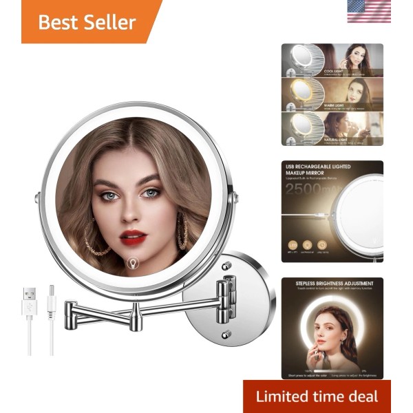 Wall Mounted Lighted Makeup Mirror, 8" Rechargeable Double-Sided Magnifying M...