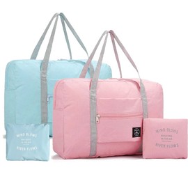 2 Pack Foldable Travel Duffel Bag, Waterproof Carry On Luggage Bag, Lightweight Travel Luggage Bag for Sports, Gym, Vacation (Light Blue & Light Pink)