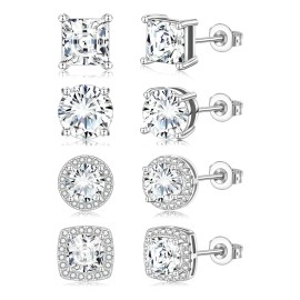 WEKIA - 4pares Aretes De Zirconia Plata 925 Para Mujer Hombre Moda
