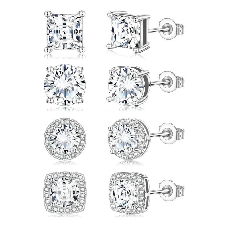 WEKIA - 4pares Aretes De Zirconia Plata 925 Para Mujer