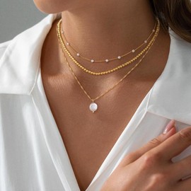 Hothrty 3 Layered Gold Necklace for Women, Dainty Trendy 14K Gold Plated Stackable Pearl Choker Necklace Set Wedding Jewelry Gifts