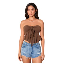 OYOANGLE Women's Sleeveless Strapless Tube Tops Drawstring Ruched Front Ruffle Hem Bandeau Crop Tops Mocha Brown Small
