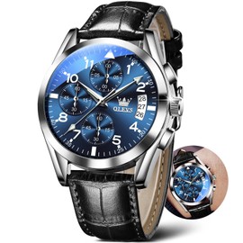 OLEVS Black Leather Watches for Men Blue Mens Big Face Watches Chronograph Men Luxury Watches with Date Dress Men's Leather Watch Waterproof Business Men's Wrist Watches Quartz Reloj para Hombre