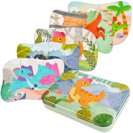 EKKONG Children's Puzzle, 5 Pictures Dinosaur Wooden Puzzle for Children, Wooden Puzzle from 3 4 5 Years, Montessori Toy Puzzle, Gift for Boys Girls