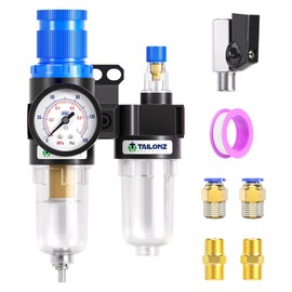 TAILONZ PNEUMATIC 1/4 Inch BSP AFC2000 Air Filter Pressure Regulator Kit（0-1 MPA）5 Micron Brass Element Air Tool Compressor Filter with Gauge and Lubricator Cup