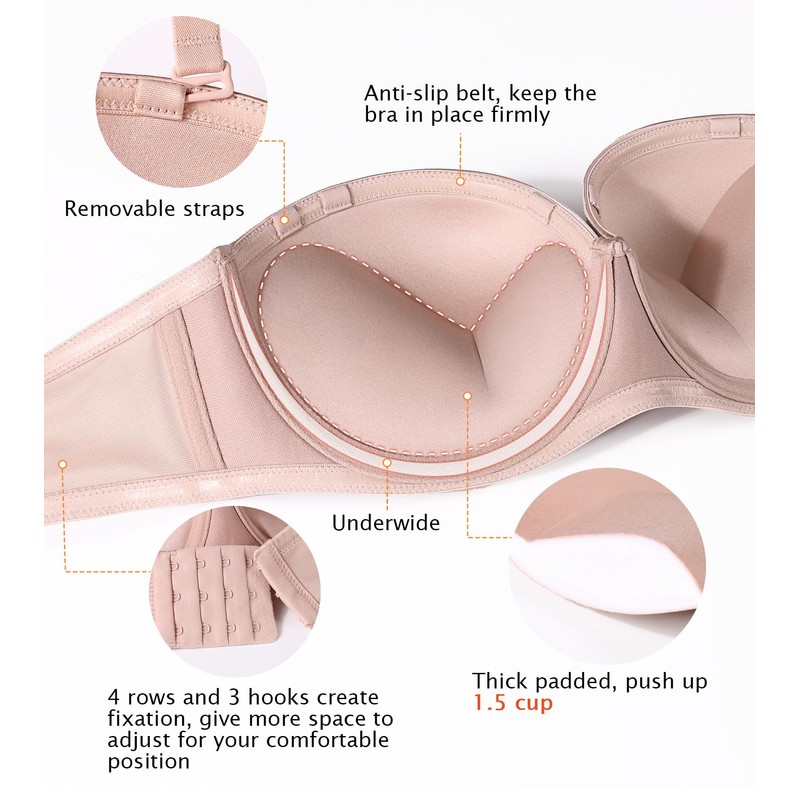 Exclare Women's Push Up Underwire Strapless Multiway Thick Padded Underwire