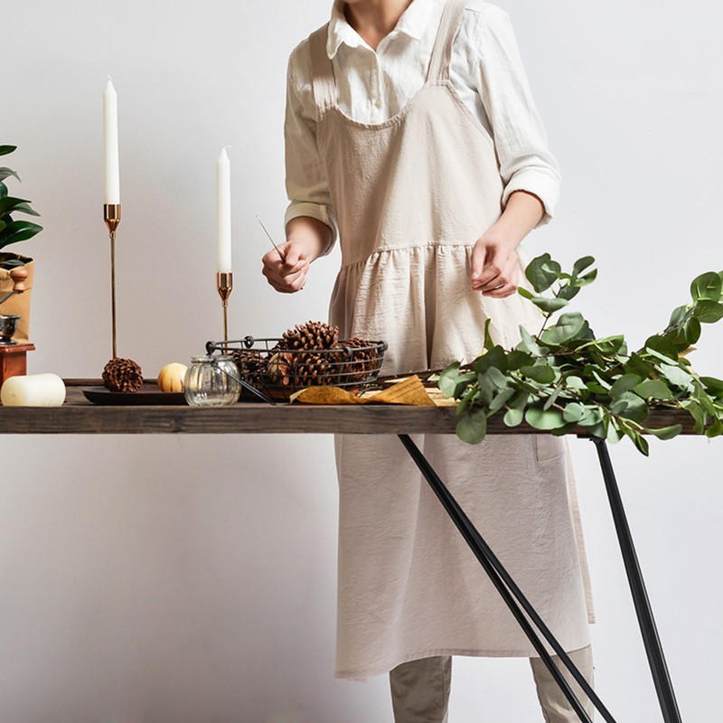 Women Kitchen Cooking Apron with 2 Front Pockets Cotton Linen