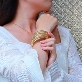 Eigso 14K Gold Indian Bangle Bracelets for Women Men Vintage Textured Chunky Cuff Wristbands for Woman Man