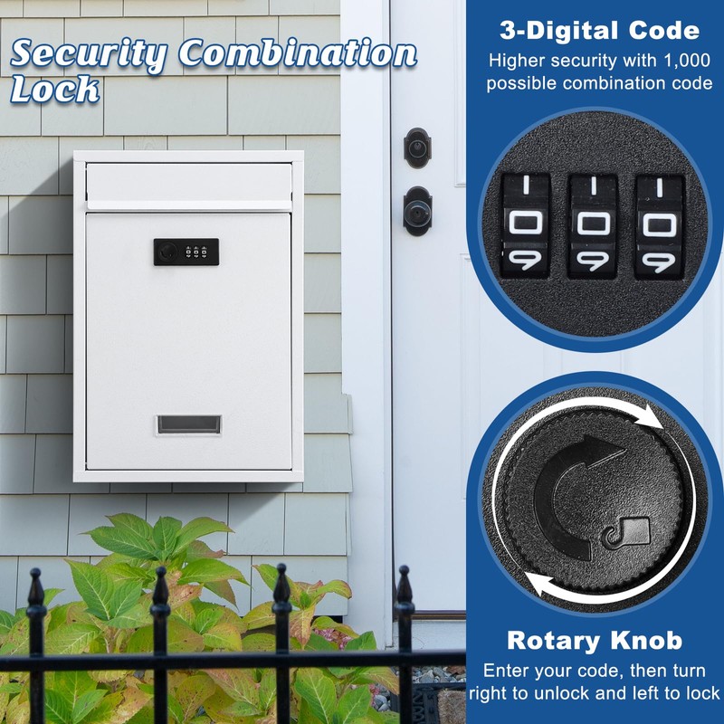 KYODOLED Locking Wall Mount Mailbox, Mail Boxes with Combination Lock