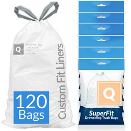 Reli. SuperFit Code Q (120 Count) | Compatible with Simplehuman Code Q | Dispenser Pack Custom Fit Liners | Drawstring Trash Bags | 50-65 Liter / 13-17 Gallon | White