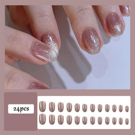 24pcs French Tip Press on Nails - Milk Tea Brown Cat Eye Almond Shaped French Tip False Nails - 12 Sizes Stick on Nails - Fake Artificial for Women and Girls Nail Art
