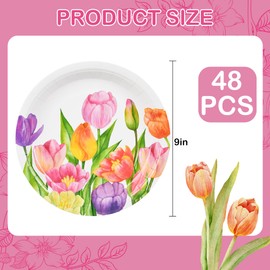 AimFun 48Pcs Tulip Floral Party Plates Tulips Flower Disposable Paper Plate 9" Spring Summer Garden Watercolor Dinner Dessert Serving Plates for Easter Baby Shower Tea Party Supplies (48, 9inch)