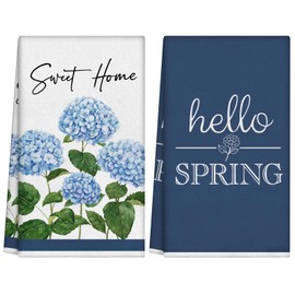 Dujoju Blue Hydrangea Hello Spring Kitchen Towels, Sweet Home Flower Dish Towels, 17x26 Inch Decorative Hand Towels Set of 2, Gifts for Spring Summer Holiday Floral Decorations for Home Farmhouse