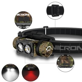 NICRON Rechargeable Headlamp, High Bright 1600 lumens 180° Rotating Aluminum LED Head Lamp with 3 Light Sources 10 Modes Waterproof Head Flashlight H35+ for Camping Hunting Running Fishing (Camo)