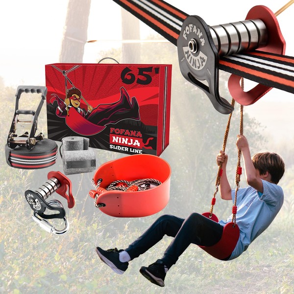 Fofana Ninja Slider Zip Lines for Kids and Adults Outdoor - 65 Ft Slackline Zipline Kits for Backyard - Obstacle Course - Zipline for Backyard - Ninja Warrior Accessory - Outdoor Toy