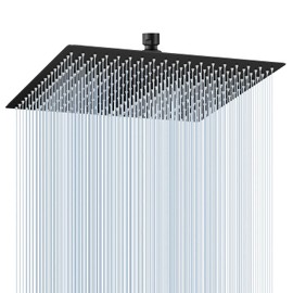 16 inch Matte Black Large Rain Shower Head - All Metal 304 Stainless Steel, Full Body Rainfall Shower with 324 Silicone Nozzles - Waterfall Bathroom Square Showerheads, Ceiling Mounted
