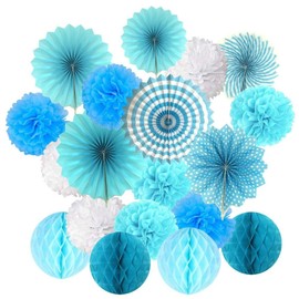 FUPUTWO Party Decoration Set, Paper Fan, Honeycomb Ball, Flower, Event Decoration (Blue)