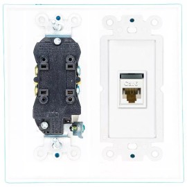 Wallplate City [ 2 GANG ] 15 Amp Round Power Outlet CAT6 Combination Wall Plate White