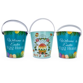 BestPysanky Easter Elegance: Set of 3 Decorative Tin Metal Buckets, Each 6.7 Inches Tall