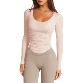 LASLULU Womens Long Sleeve Workout Tops Active Mesh Sheer See Through Fitted Open Back Gym Yoga Athletic Running Tops Pilates Outfits (Apricot, Small)
