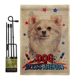 Patriotic White Chihuahua Burlap Garden Flag Set with Stand Animals Dog Puppy Spoiled Paw Canine Fur Pet Nature Farm Animal Creature Small Gift Yard House Banner Double-Sided Made In USA 13 X 18.5