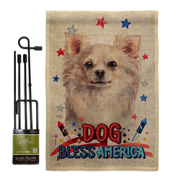 Patriotic White Chihuahua Burlap Garden Flag Set with Stand Animals