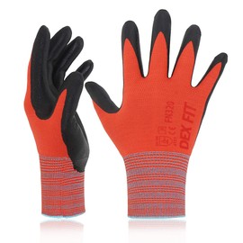 DEX FIT Nitrile Work Gloves FN320, 3D Comfort Stretch Fit, Power Grip, Durable Foam Coated, Thin & Lightweight Premium Nylon, Machine Washable, Red 9 (L) 3 Pairs