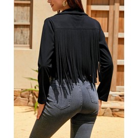 UpFind Women's Fringe Faux Suede Leather Jackets Fashion Fall Western Tassel Motorcycle Cropped Open Front Coats with Rivets, Black/Small