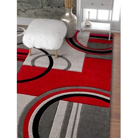 Well Woven Galaxy Waves Grey & Red Geometric Circles Ruby 5'3" X 7'3" Plush Area Rug (60010)