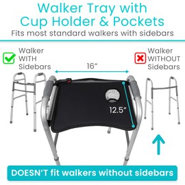 Vive Walker Tray for Folding Walker - (w/Cup Holder & Pockets) - Adult Mobility Accessories - Fits Standard Walkers - Medical Table for Seniors Non Slip Mat for Food - Removable & Easy Assembly